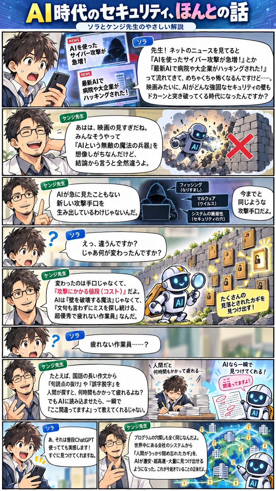 1ページ目。AIは魔法のように壁を破るのではなく、疲れない作業員のように見落とされた弱点を探す、という導入。