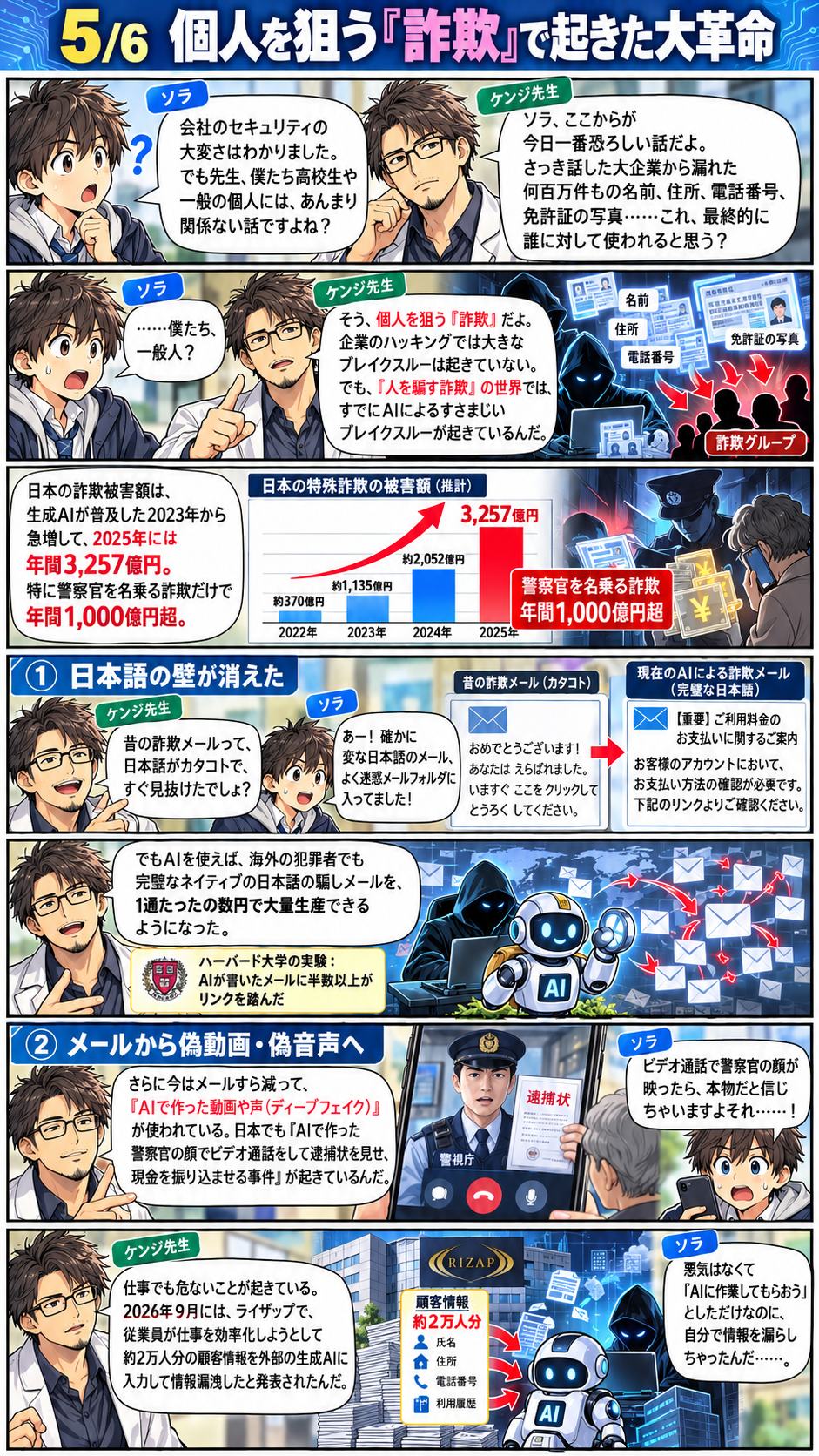 5ページ目。AIを使った詐欺メールや偽音声・偽動画、業務データをAIに入力するリスクを解説。