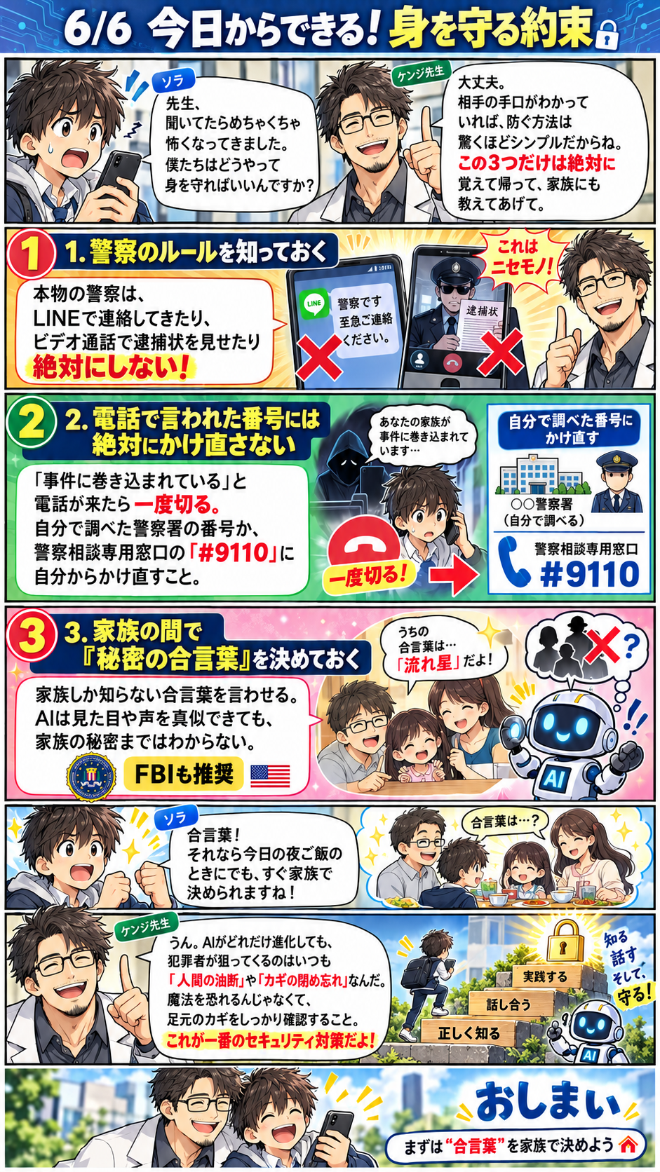 6ページ目。電話をいったん切って公式窓口へ確認する、家族の合言葉を決めるなどの対策を紹介。